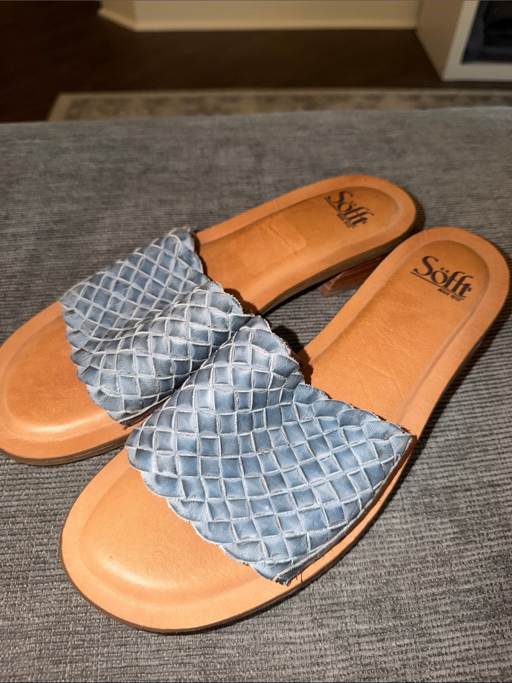 Sofft Light Blue Woven Slide Sandals with Tan Footbed